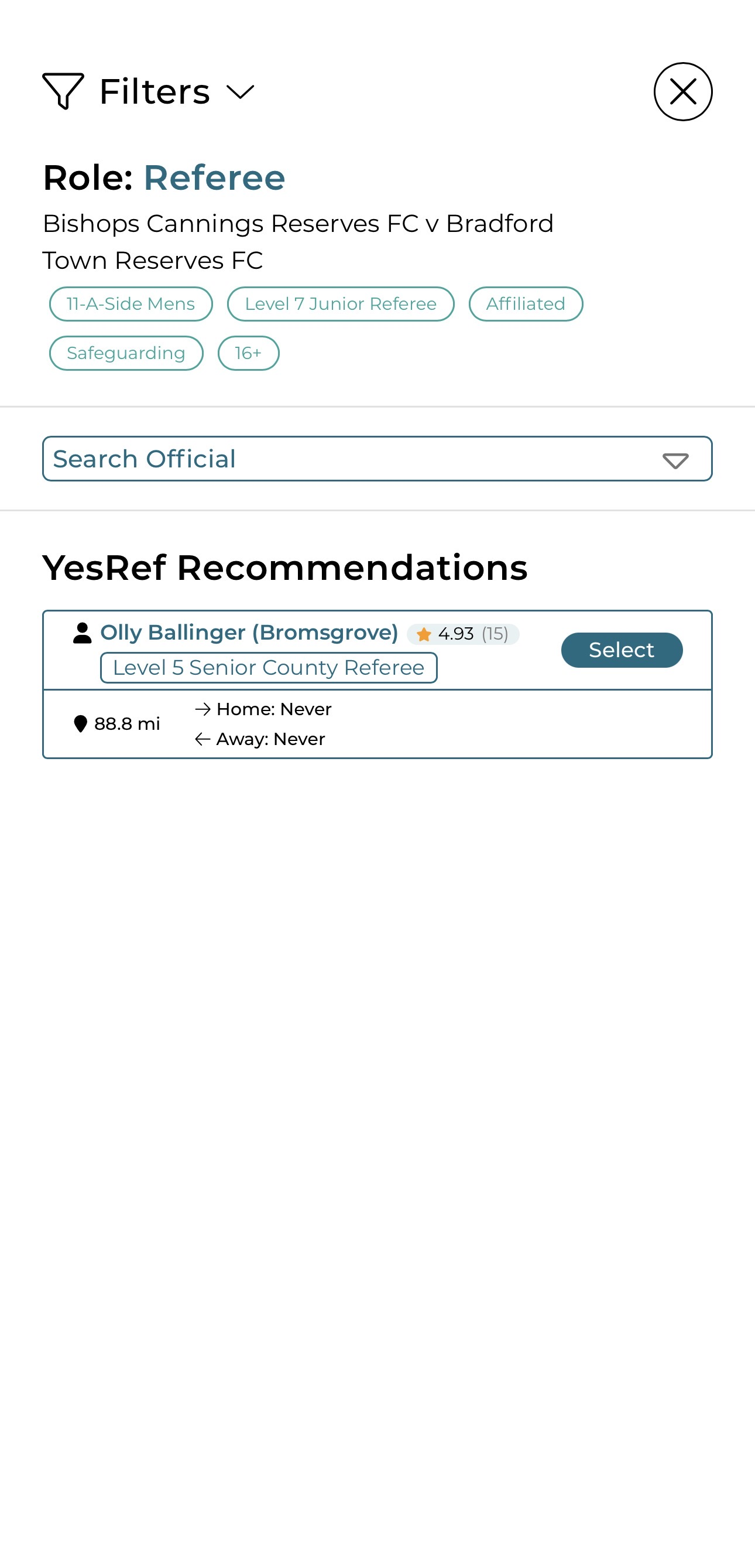 YesRef appointments management interface showing official filtering and recommendations