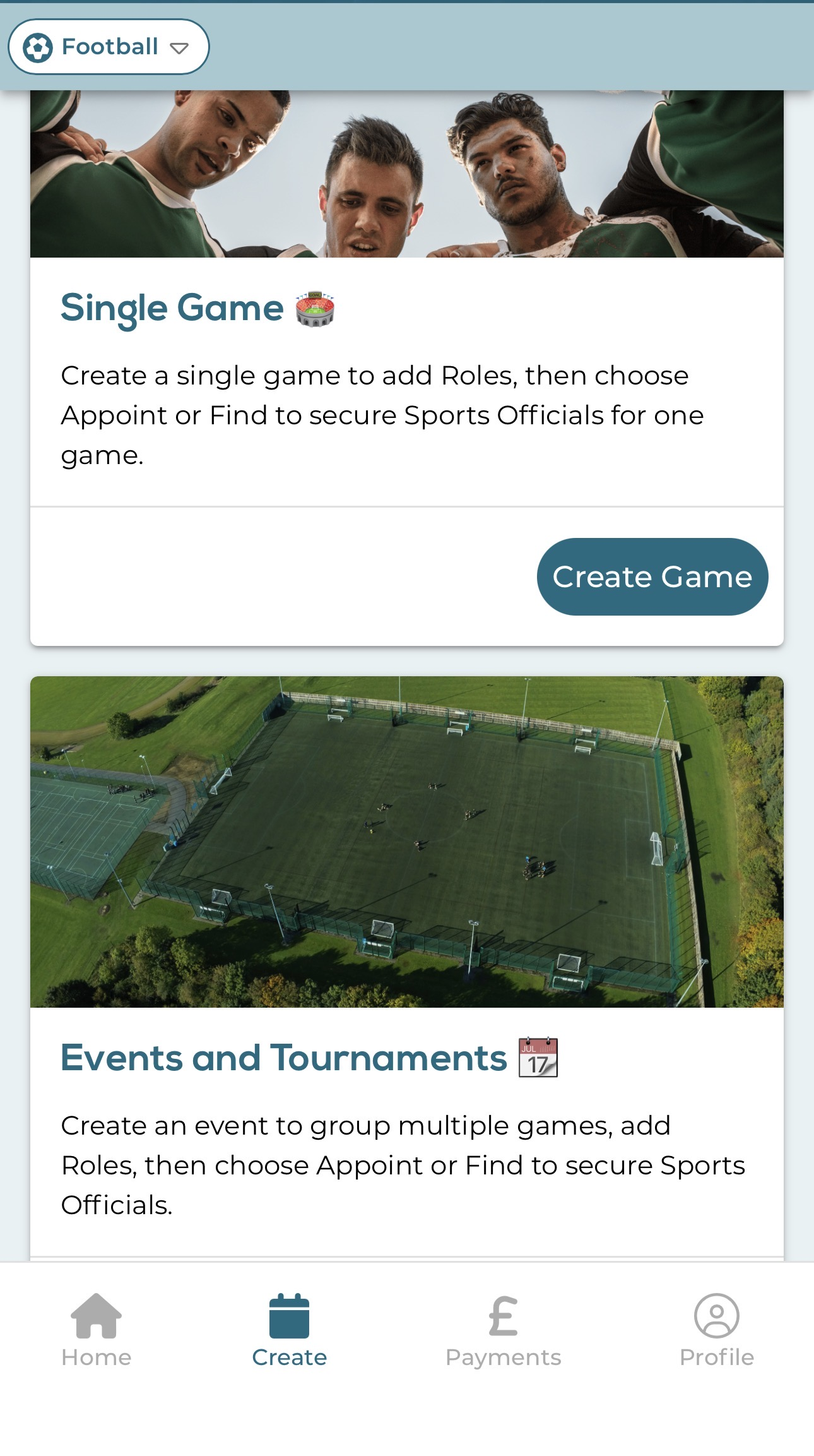 YesRef Create screen showing Single Game and Events options across multiple sports
