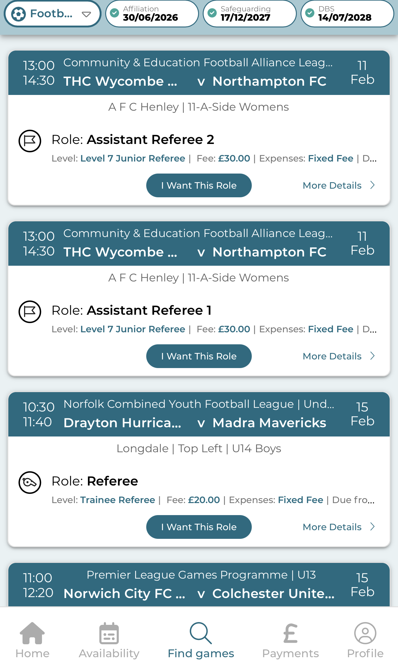 YesRef Network interface showing available games and officiating opportunities