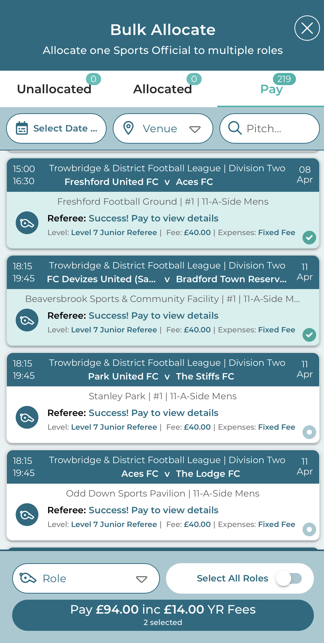 YesRef bulk allocate payments showing official fees and totals