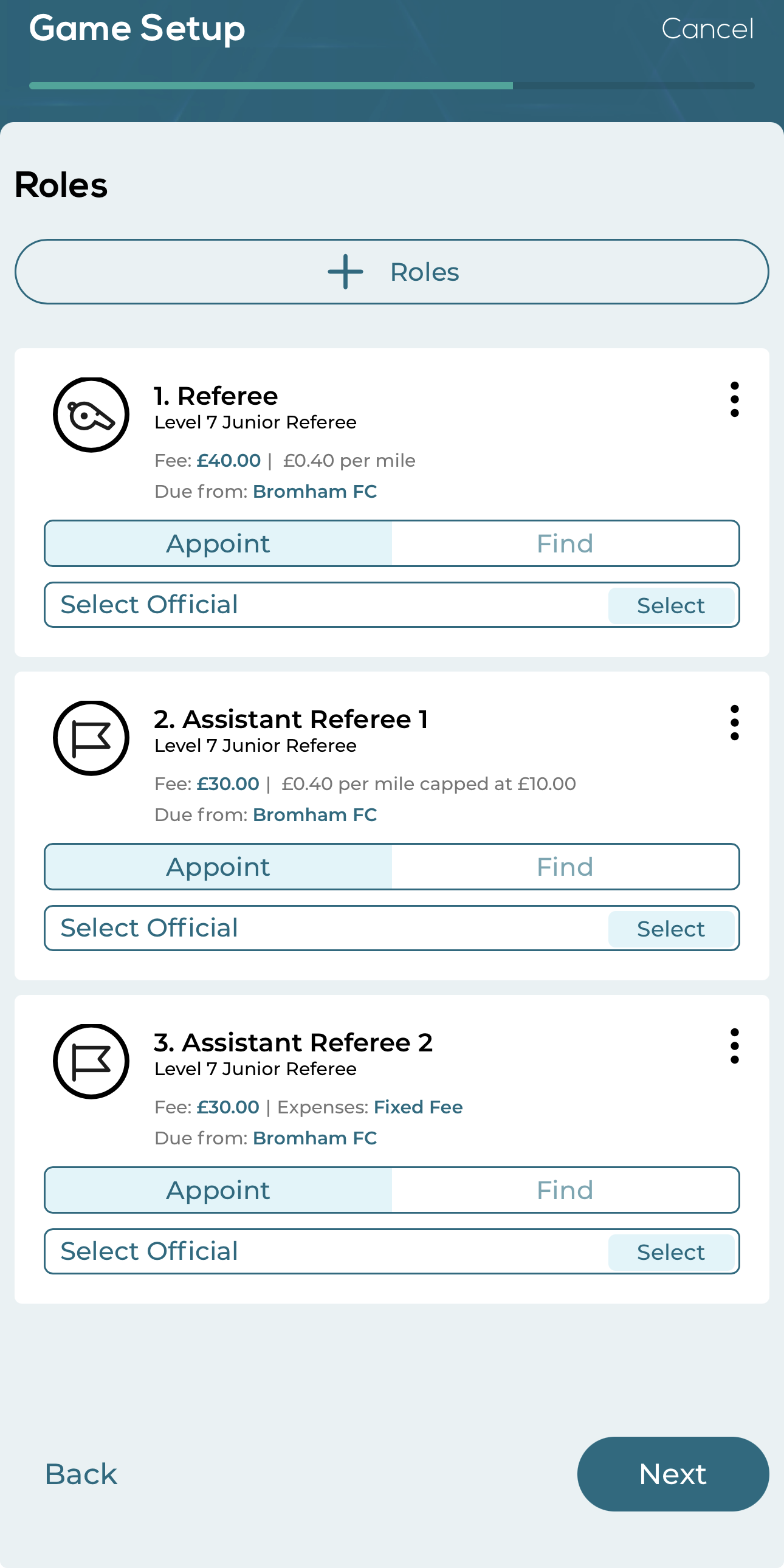 YesRef game setup showing roles and fee configuration